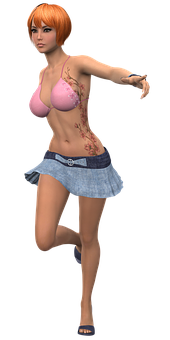 Animated Woman Pink Top Denim Skirt PNG