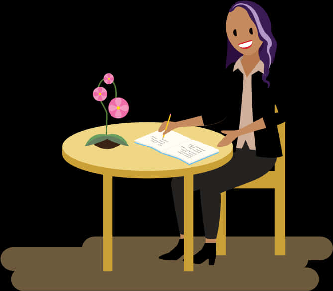 Animated Woman Writingat Desk PNG
