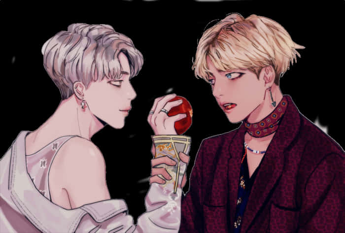 Animated_ B T S_ Members_with_ Apple_and_ Tarot_ Card PNG