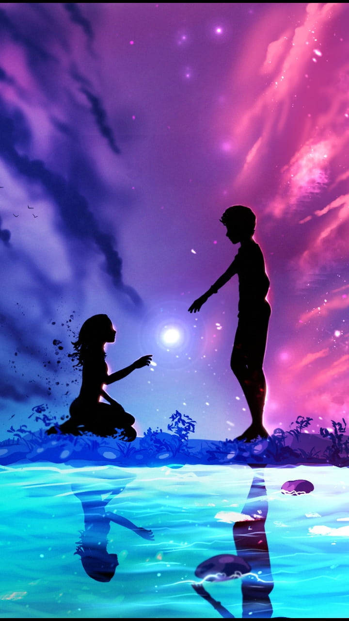 Animazionedi Una Coppia Di Anime Sull'acqua, Viola E Rosa Sfondo