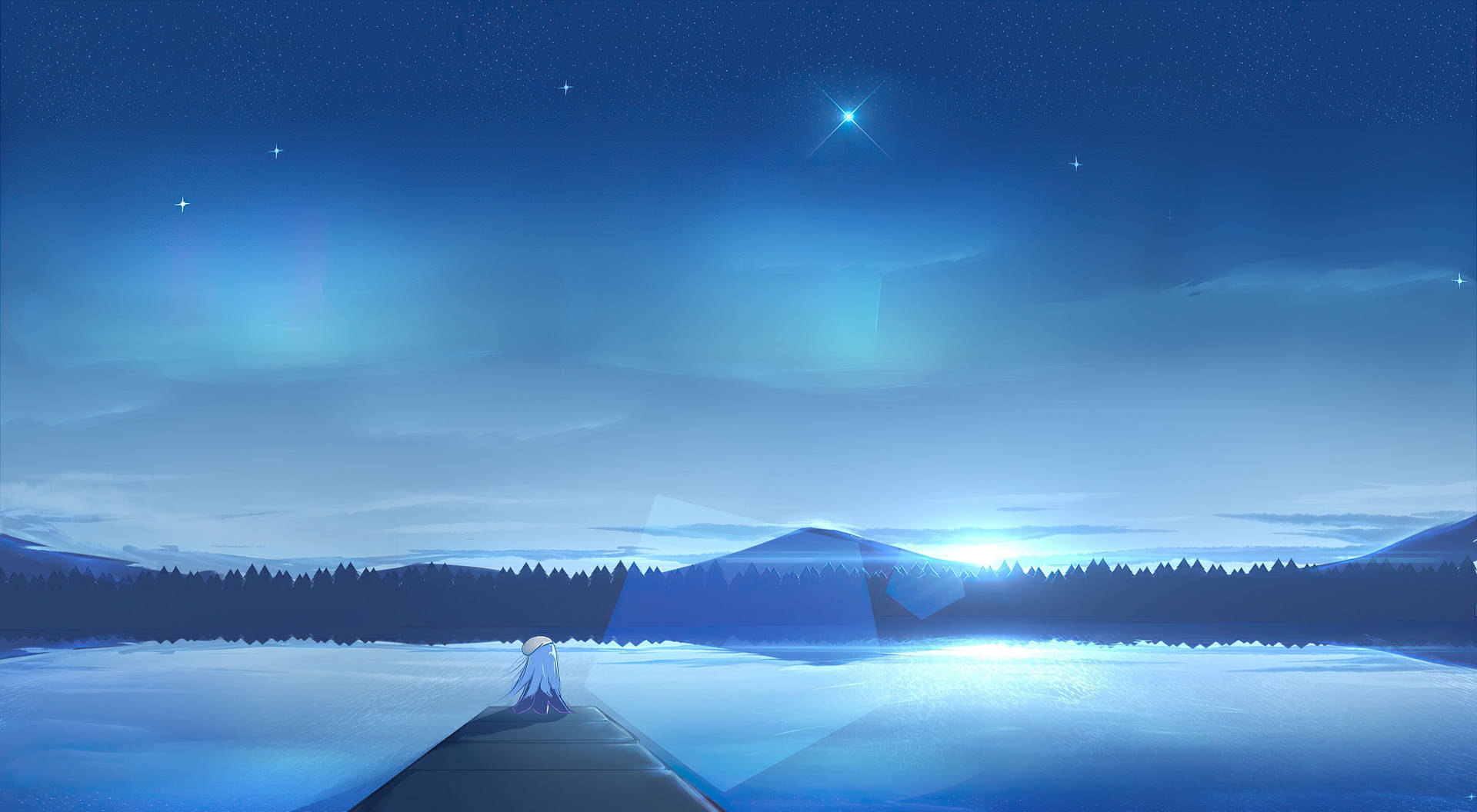 Animation Anime Girl At Pier With Lake And Mountains Wallpaper