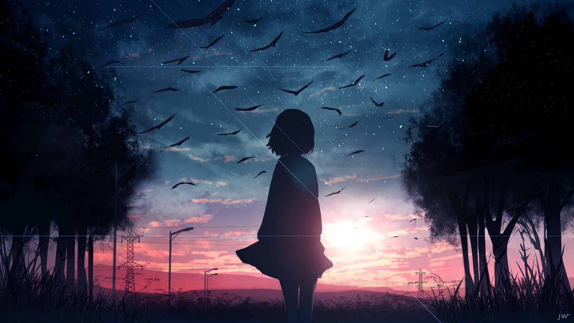 Animation Anime Girl In Between Trees Sunset Wallpaper