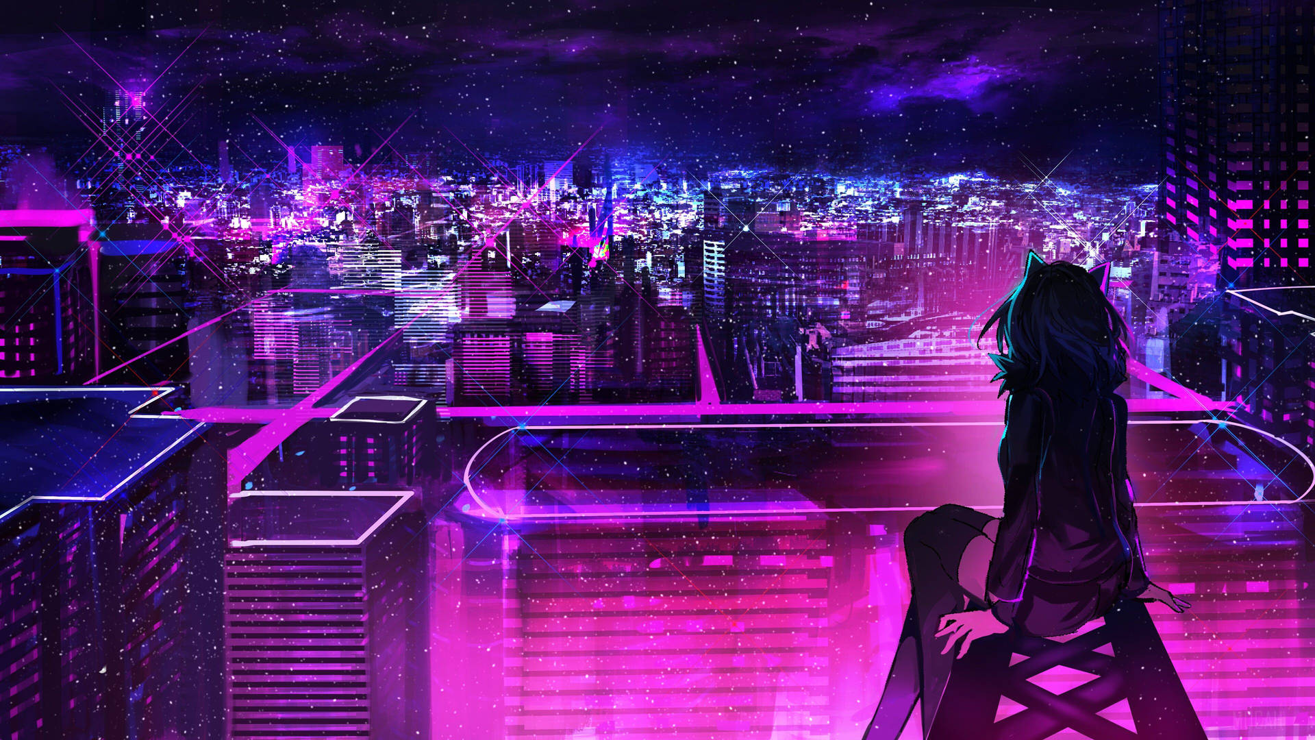 Animation Anime Girl Neon Purple City Wallpaper