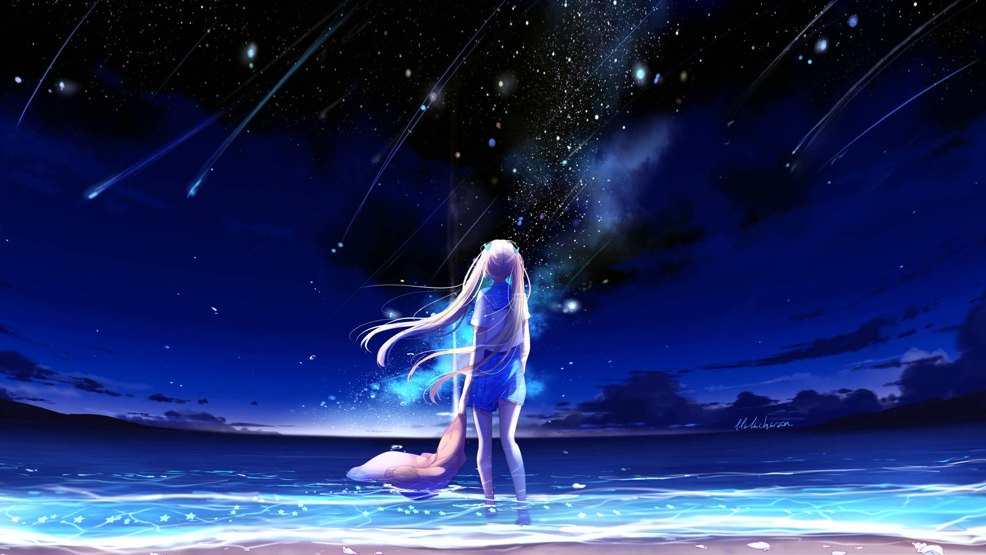Animation Anime Girl Shooting Stars At Beach Wallpaper
