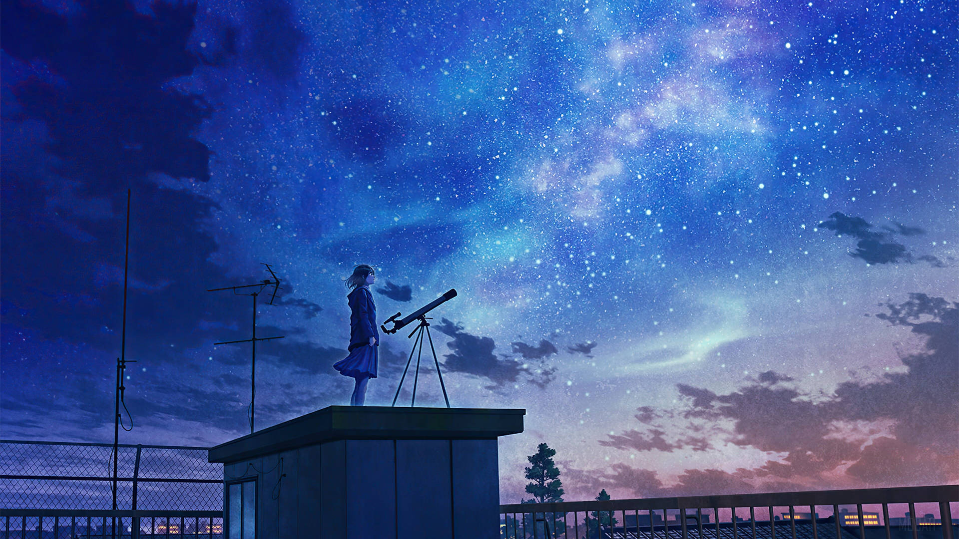 Animation Anime Girl Watching Stars With Telescope Wallpaper