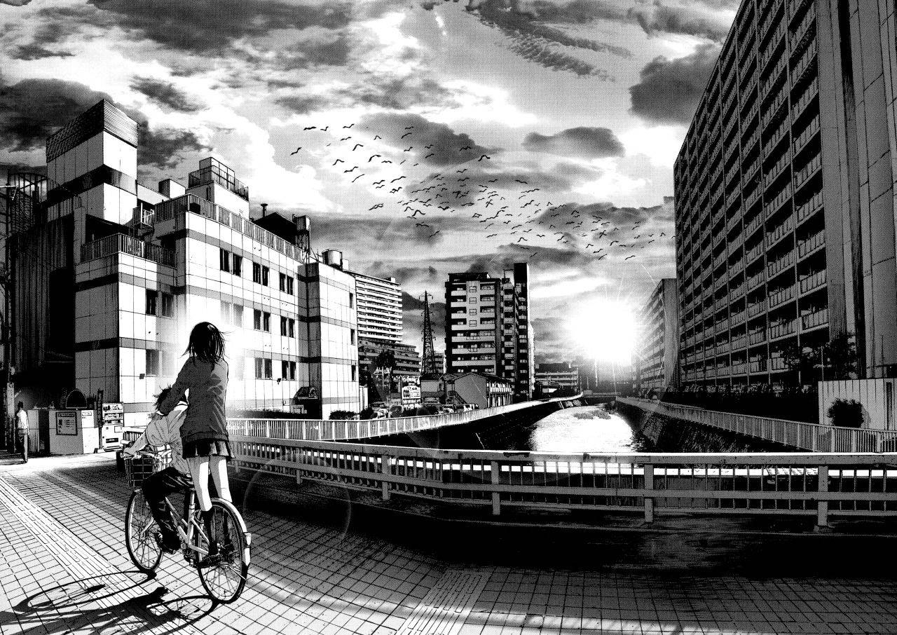 Animation Anime Girl With Bicycle In City Black And White Background