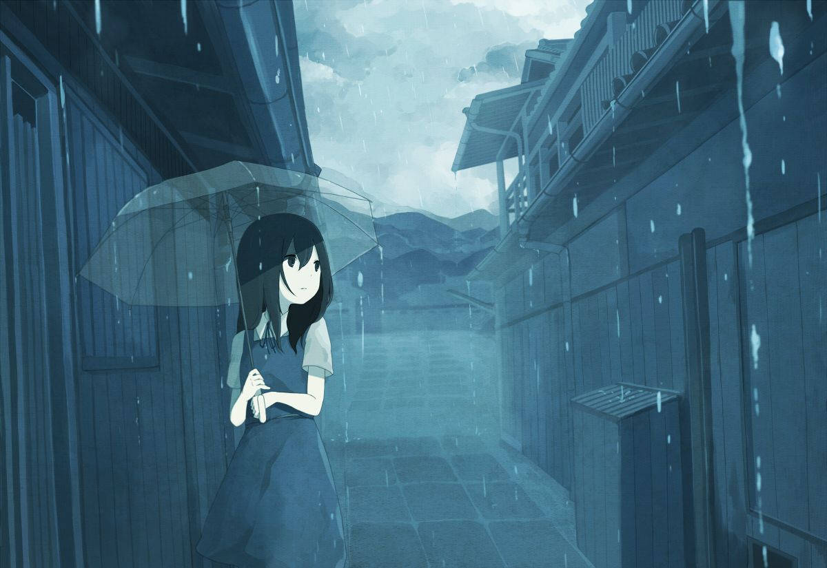 Animation Anime Girl With Umbrella Under Rain Wallpaper