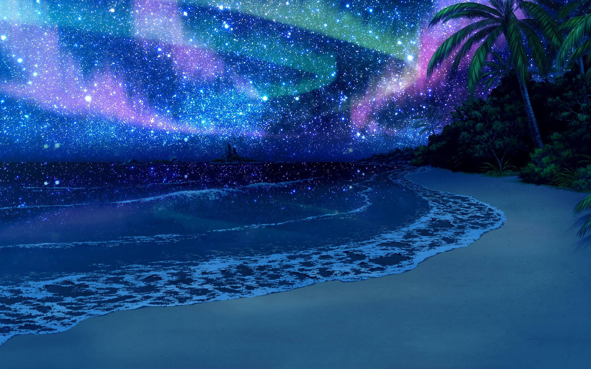 Animation Aurora Borealis Above Beach Wallpaper