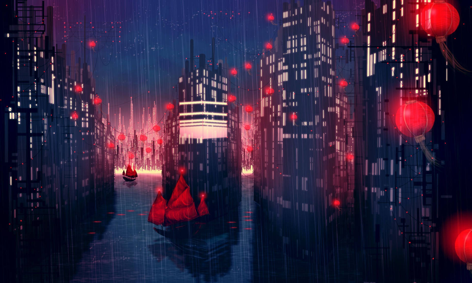 Animation Black And Red City With Boats Wallpaper
