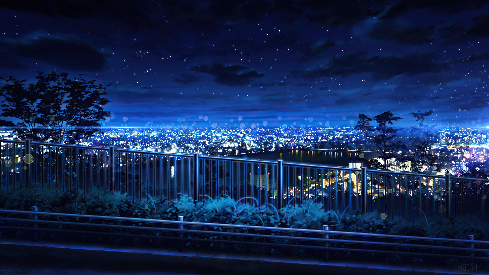 Animation Blue Aesthetic Railing City View Wallpaper