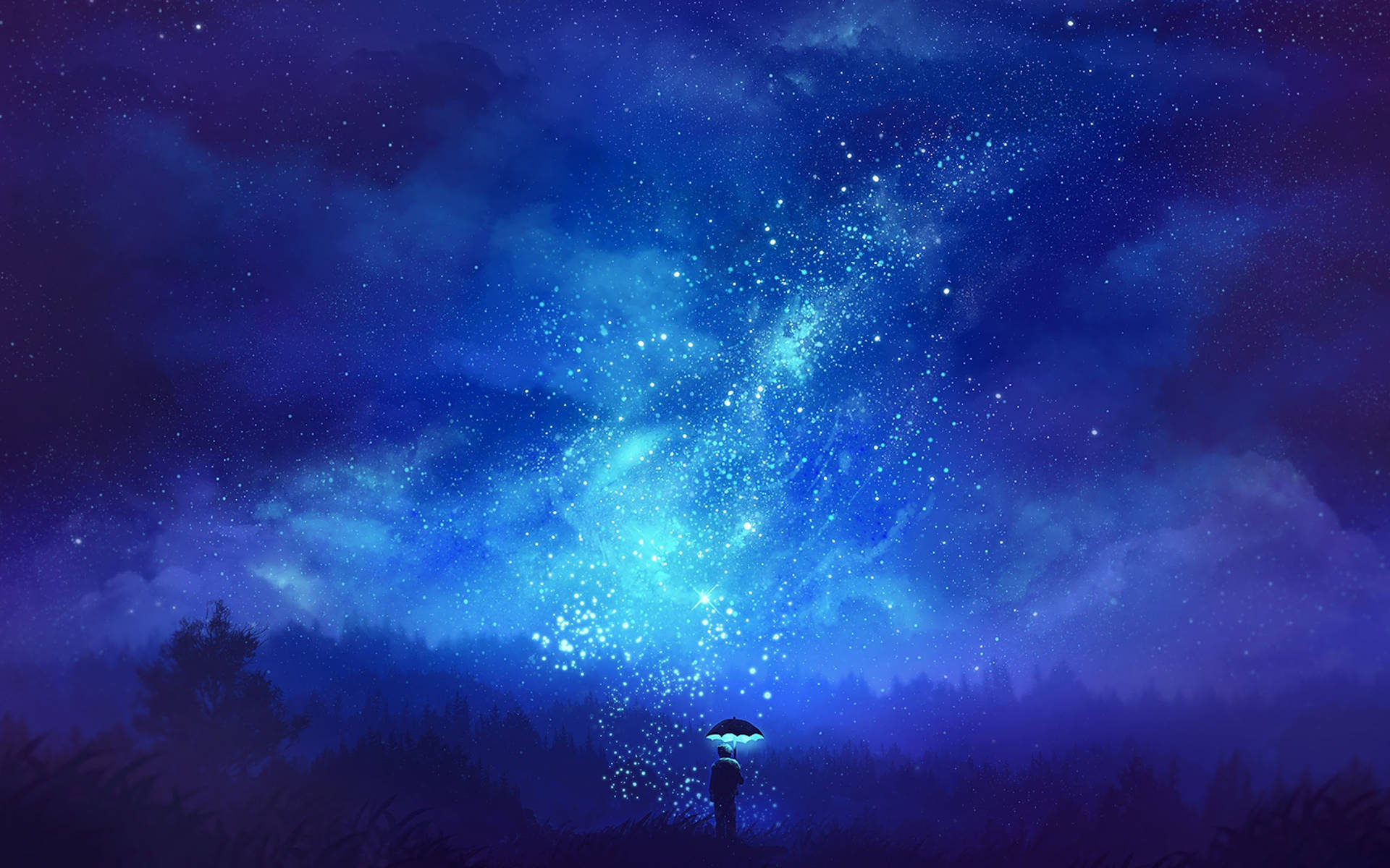 Animation Man Watching Blue Starry Sky Wallpaper