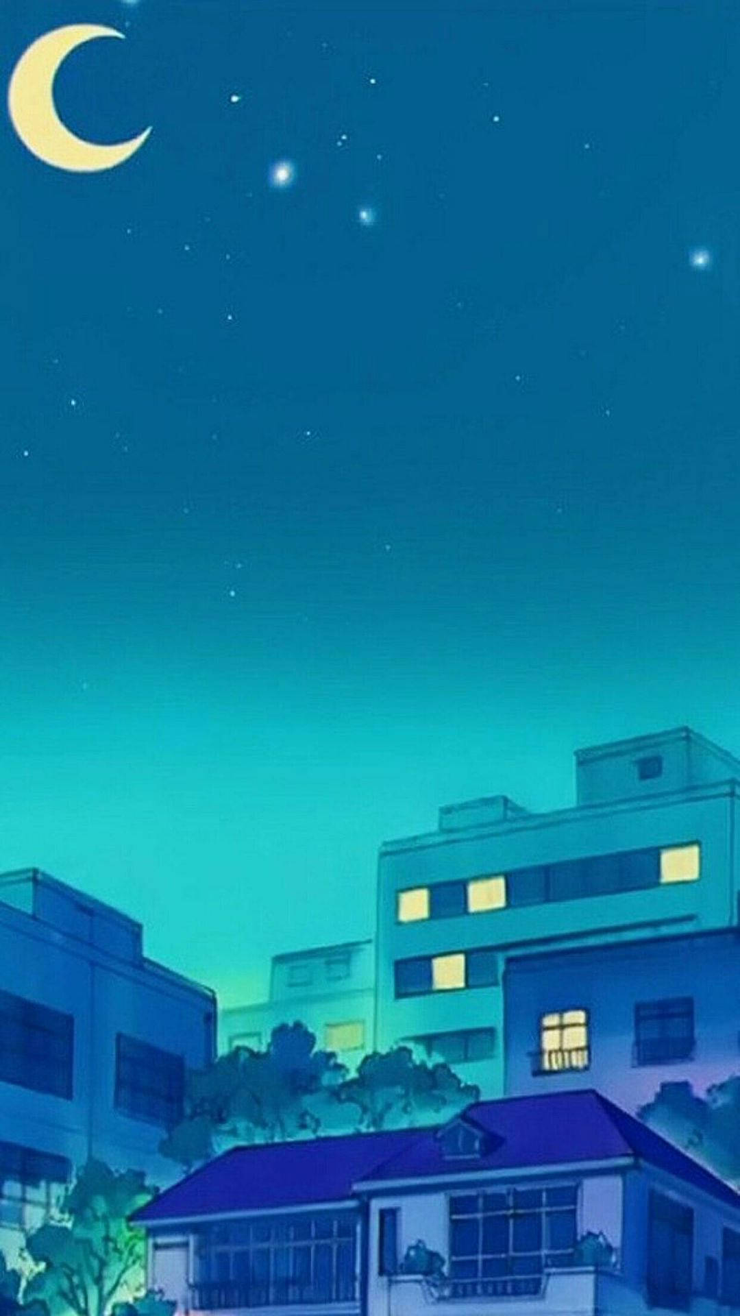 Animaciónretro De Anime, Con Una Media Luna Sobre Casas. Fondo de pantalla