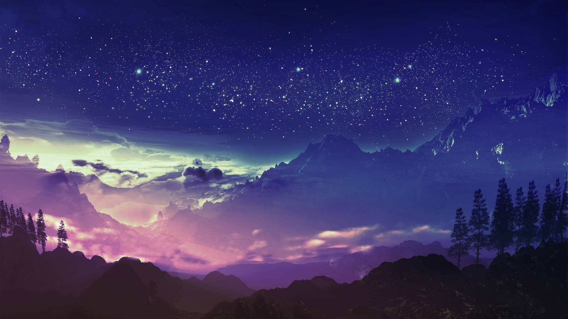 Animation Starry Sky Above Forest Wallpaper
