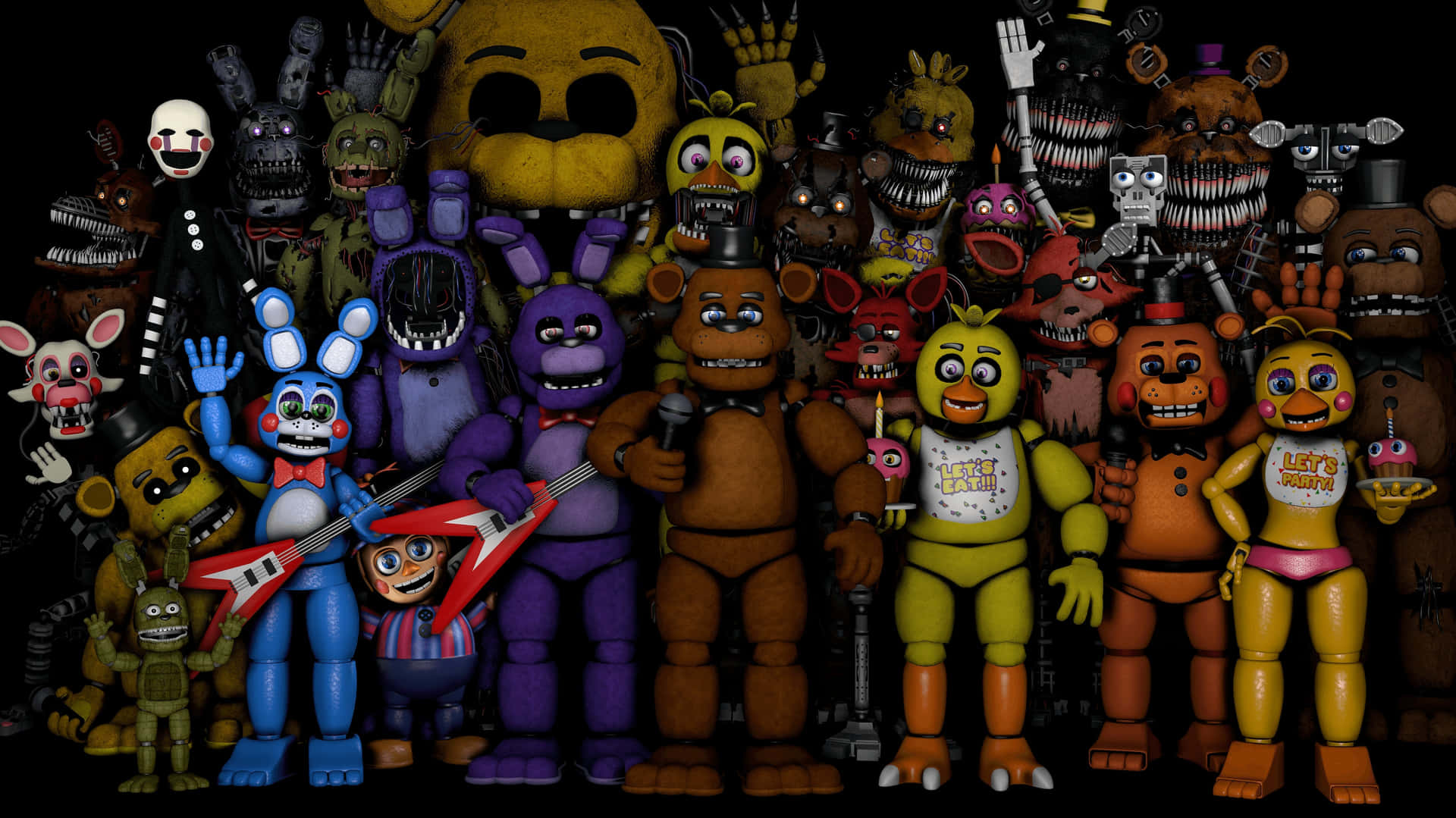 An impressive collection of animatronics characters displayed at a workshop. Wallpaper
