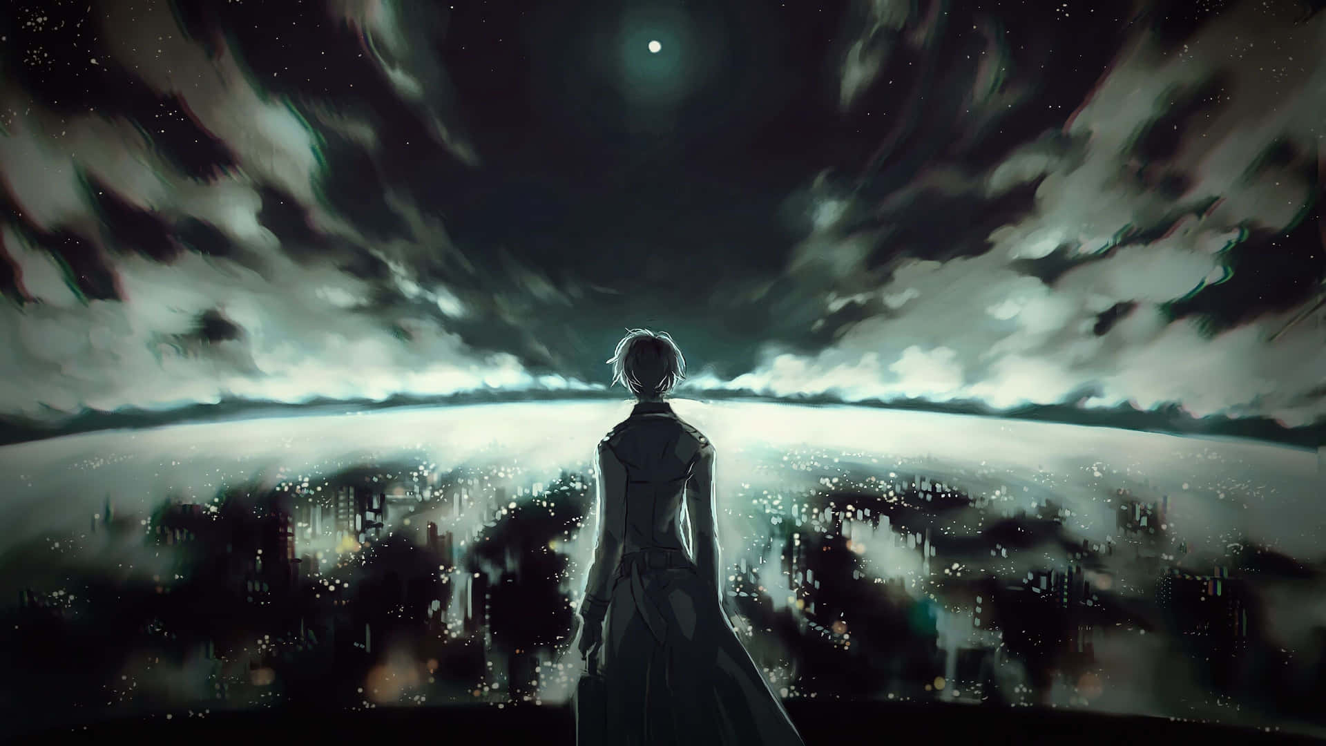 A Person In A White Dress Standing In Front Of A Dark Sky