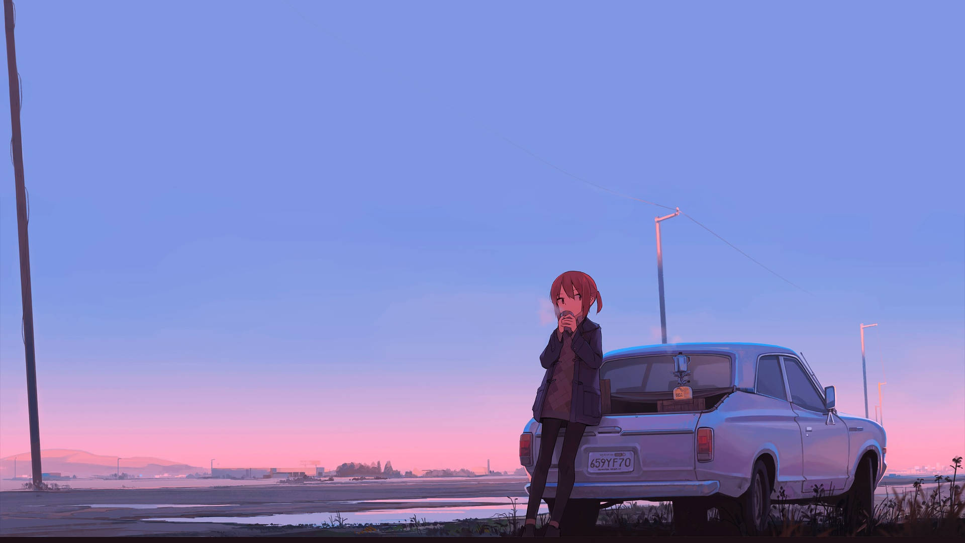 Anime æstetisk pige på bil til computer oprindelig Wallpaper