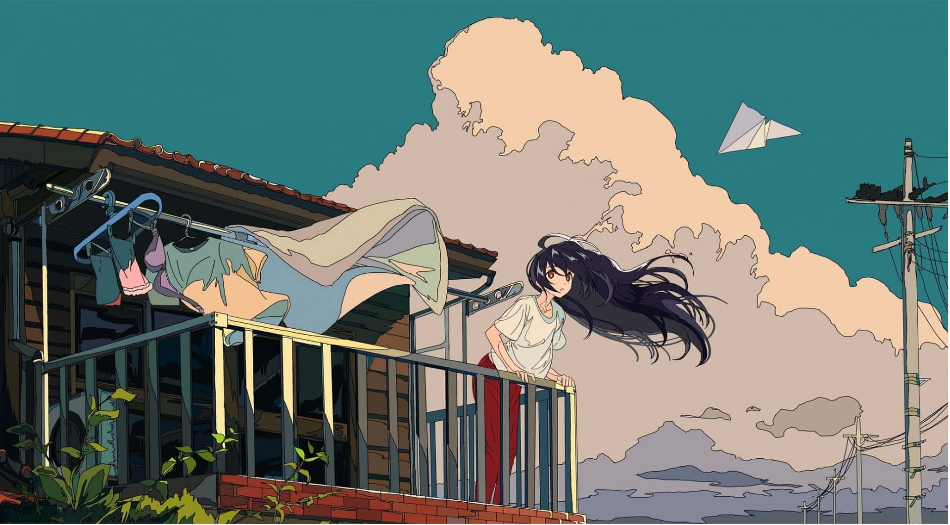 A whimsical anime aesthetic wallpaper of two characters in a vibrant sunset.