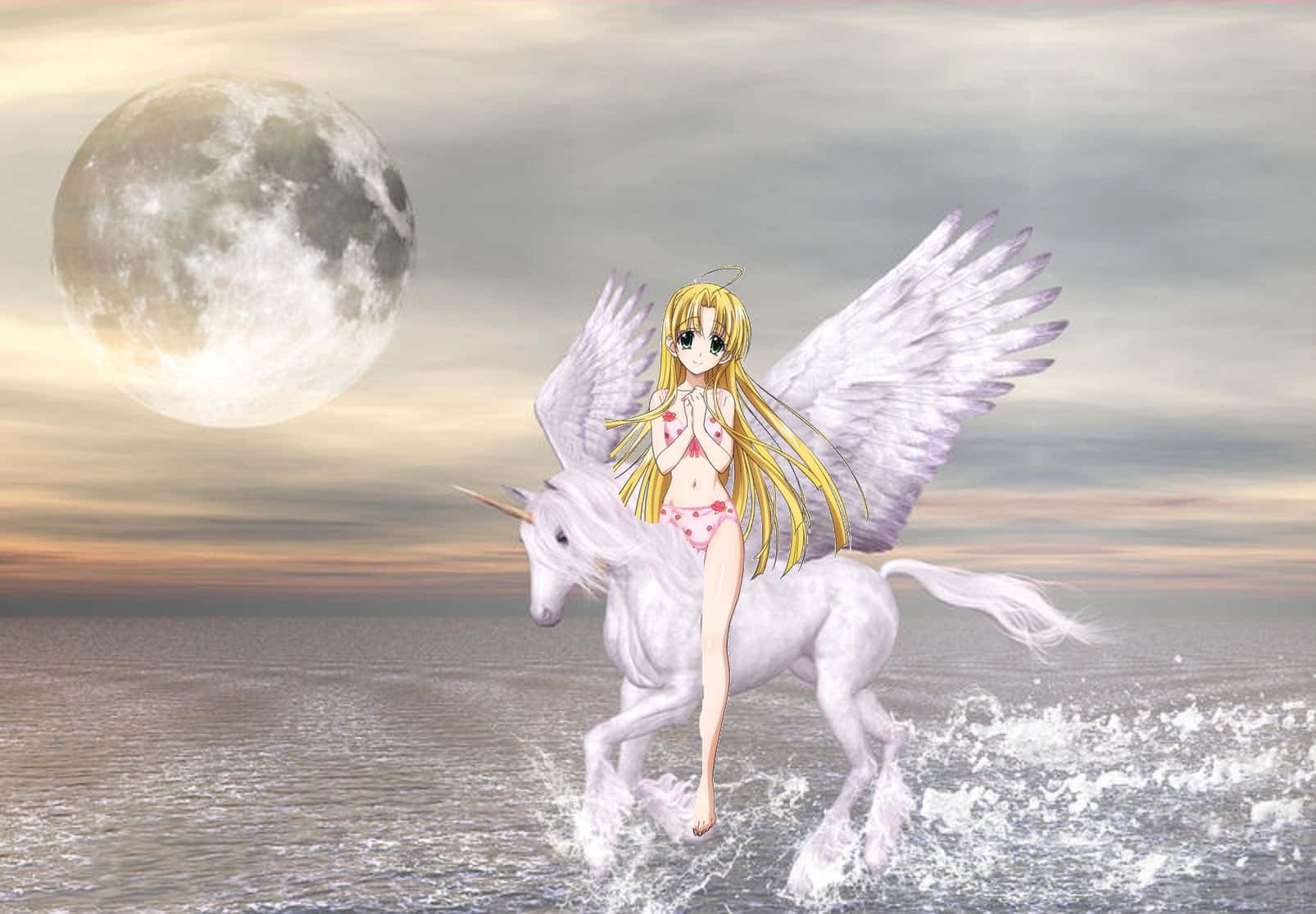 Anime Angelon Unicorn Moonlit Beach Wallpaper