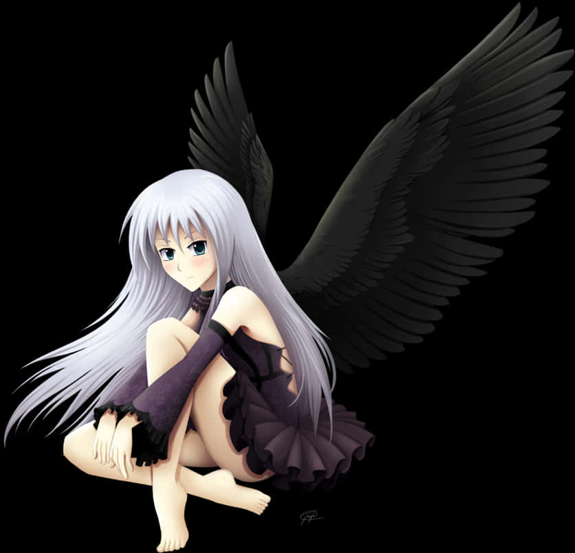 Anime Angelwith Black Wings PNG