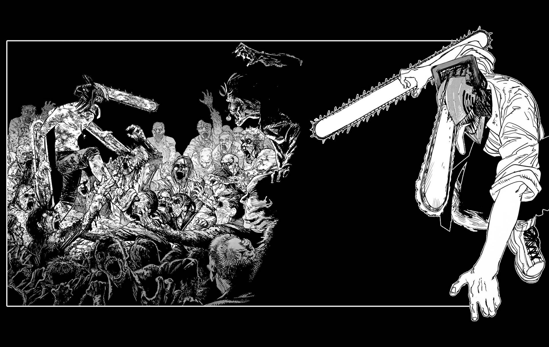 Anime Art Black And White Chainsaw Man Denji Fight Wallpaper