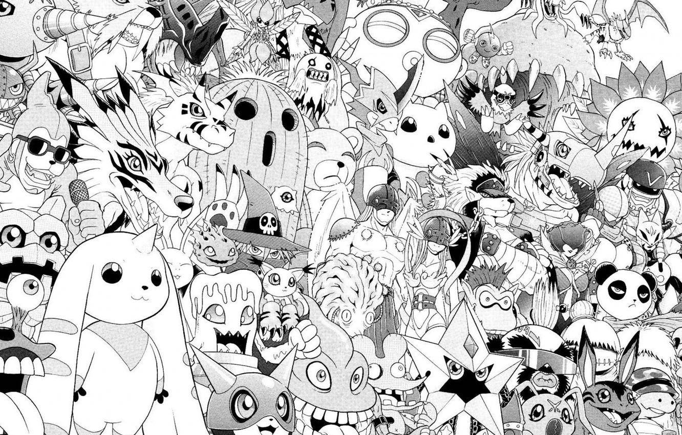 Anime Art Black And White Digimon Assemble Wallpaper