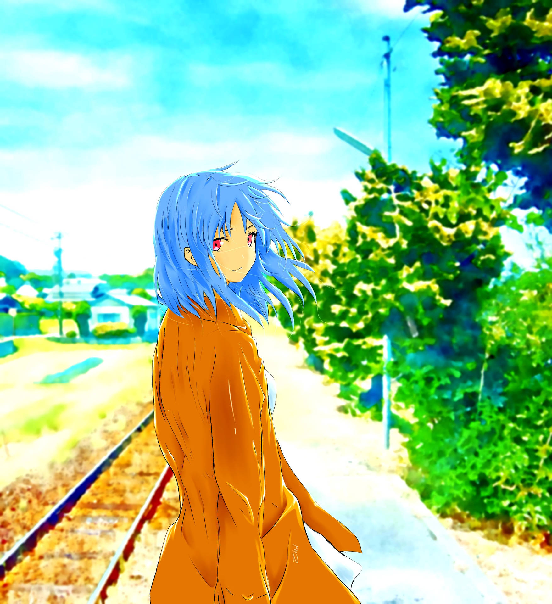 Anime Art Girl Near Railroad