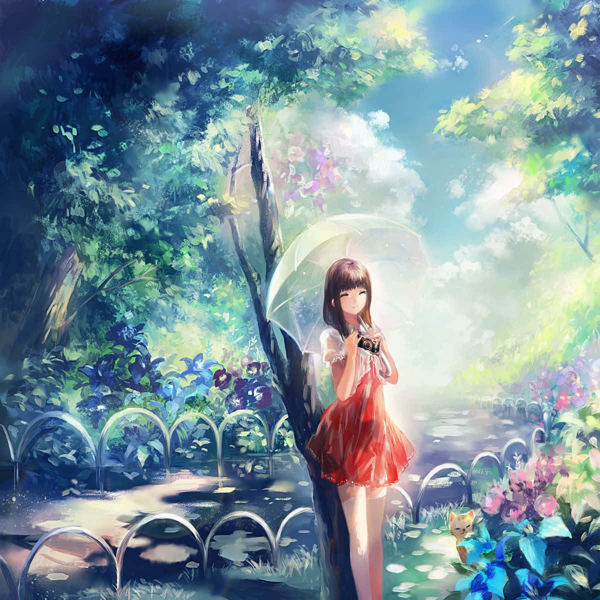 A colorful and vivid anime art featuring a girl in a blue dress.