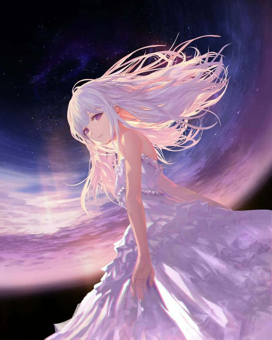 a girl in a white dress is standing in the sky