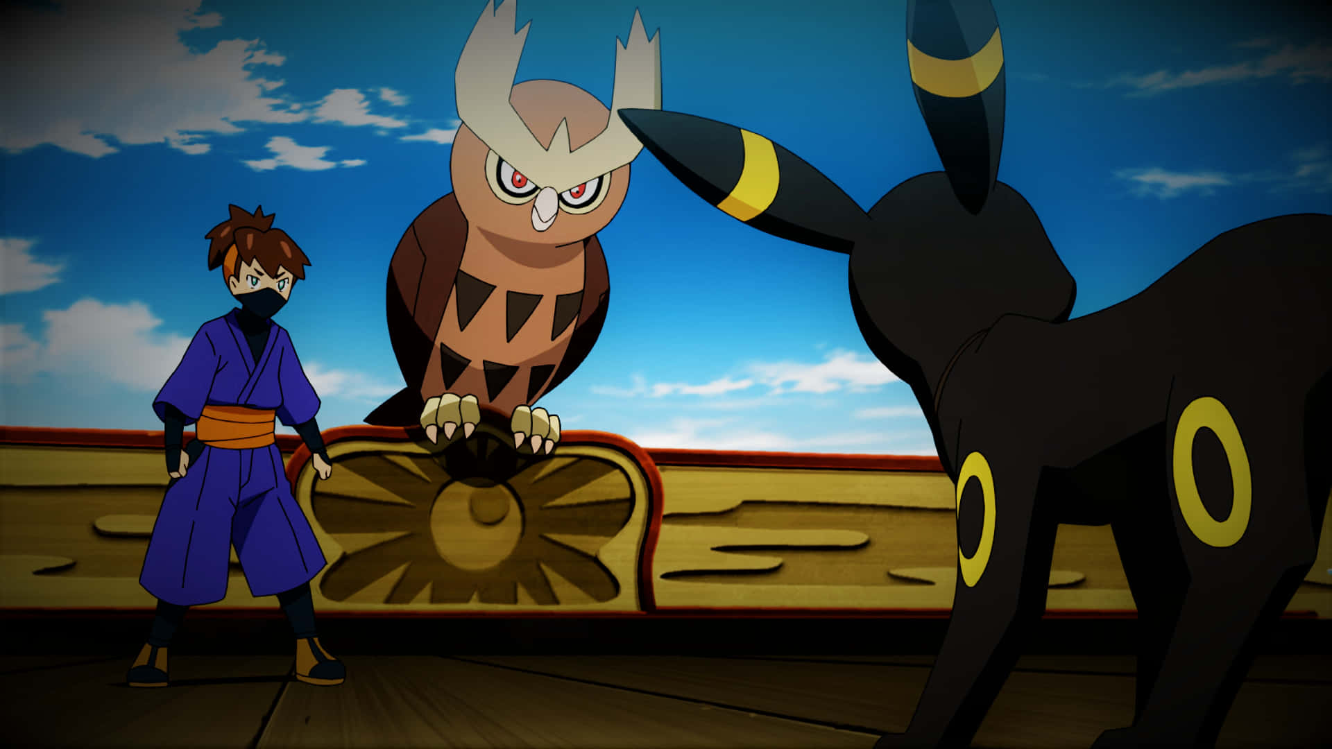 Anime Battle Noctowl Umbreon Trainer Wallpaper