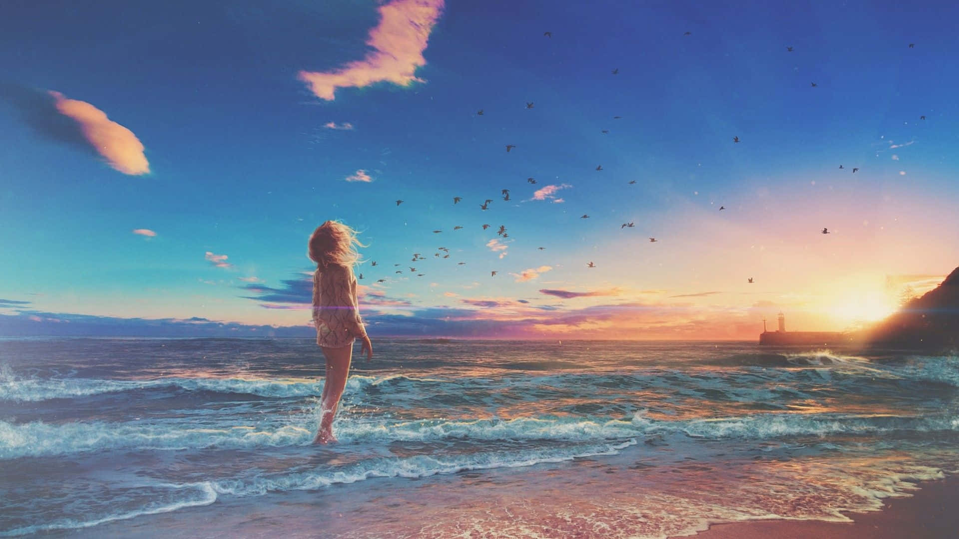 Download Anime Beach Sunset Wallpaper 