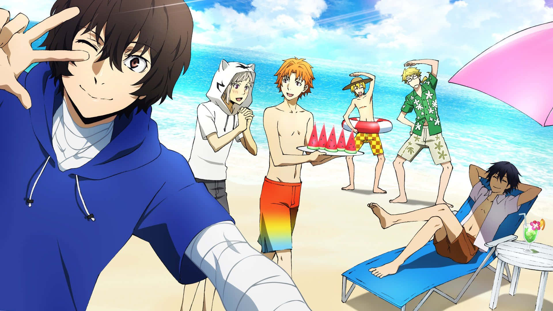 Take the plunge and enjoy a beach day with your favorite Anime characters Wallpaper
