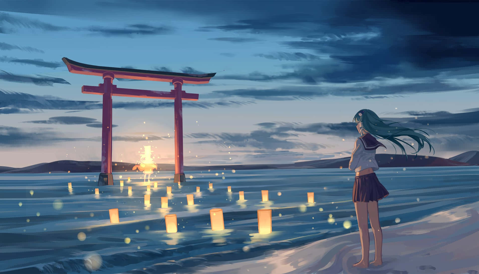 En pige står foran en torii port Wallpaper