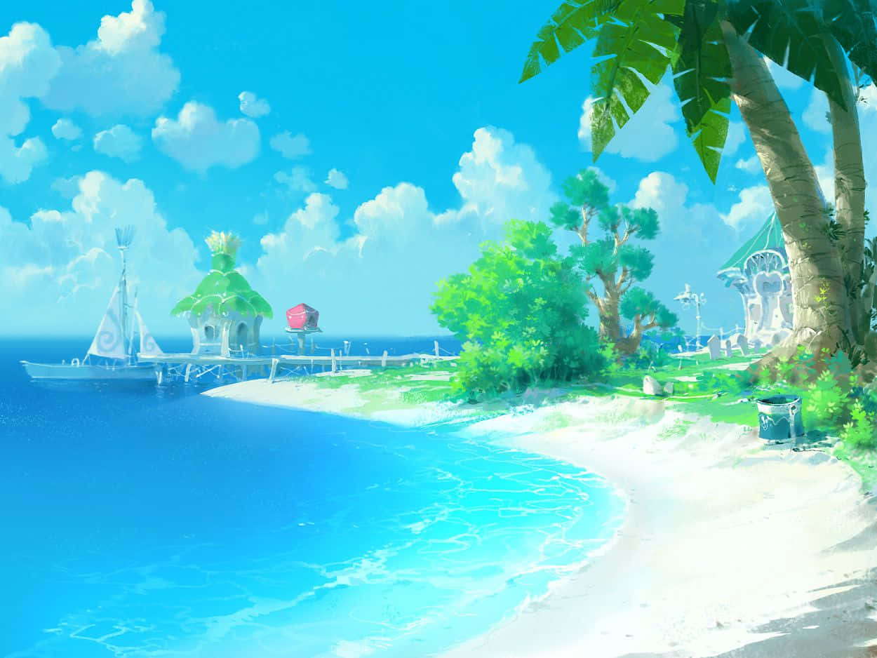 Anime Strand Blå Ocean Scene Wallpaper Wallpaper
