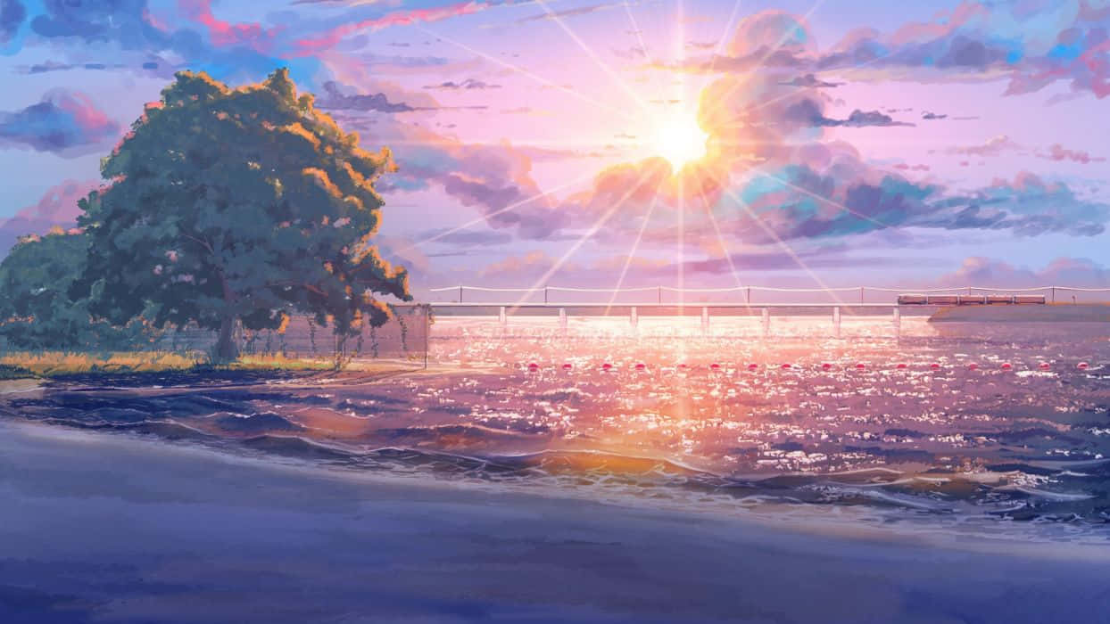 setsTegn som en naturlig dansk taler. Lysende lilla solnedgange på anime strand. Wallpaper