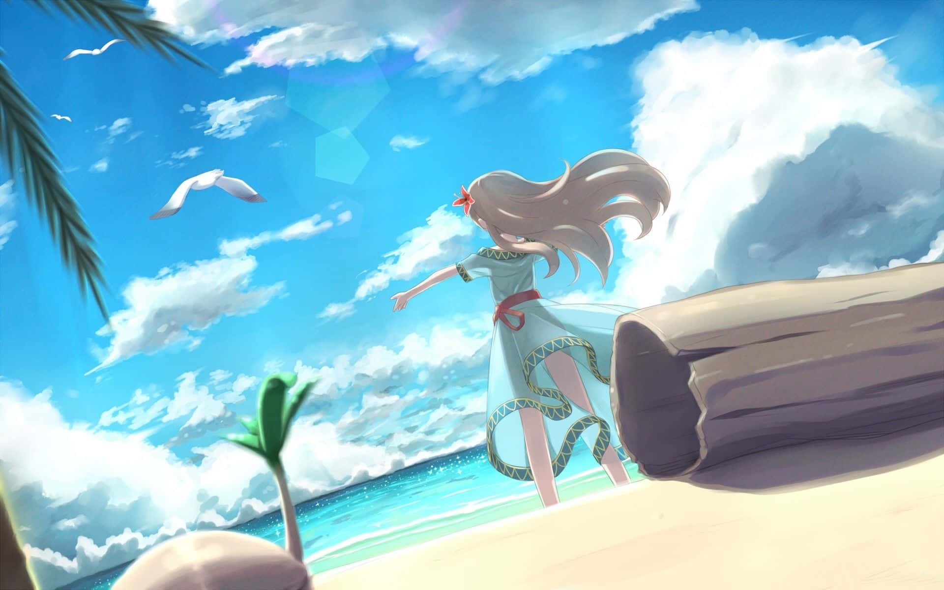 En pige står på en strand med palmer Wallpaper