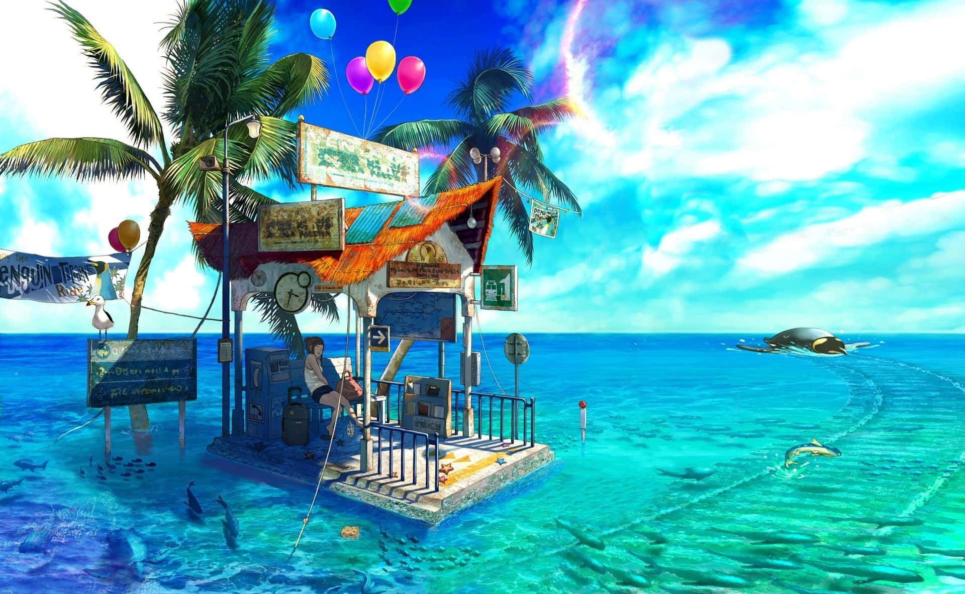 Disfrutandodel Sol, La Arena Y El Mar Con Amigos En La Playa Anime. Fondo de pantalla