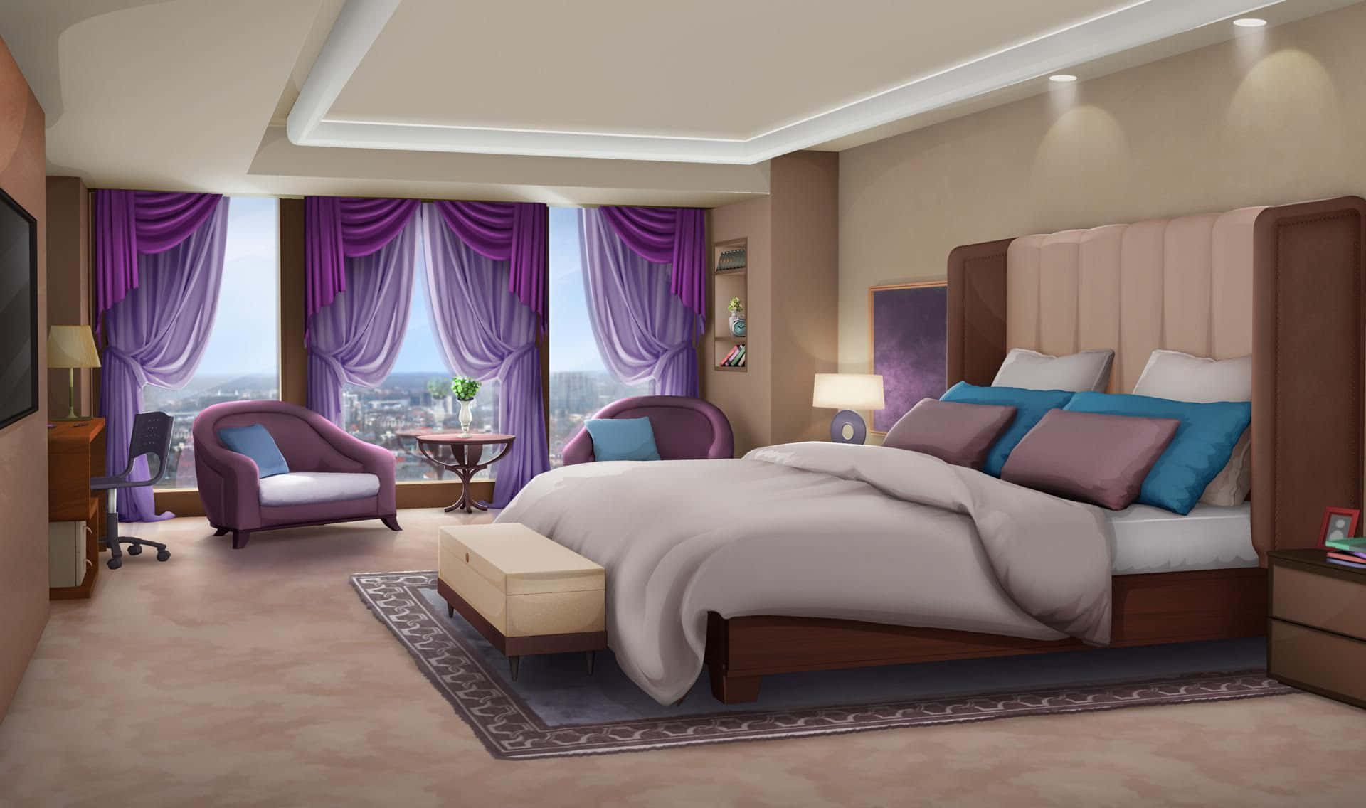 A Bedroom With Purple Curtains And A Bed