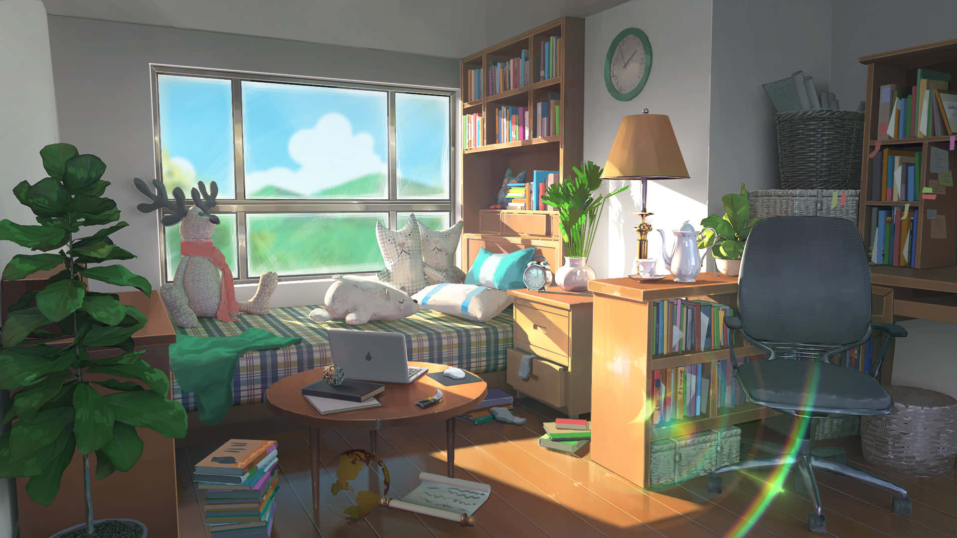 A Room With A Desk, Bookshelf, And Plants