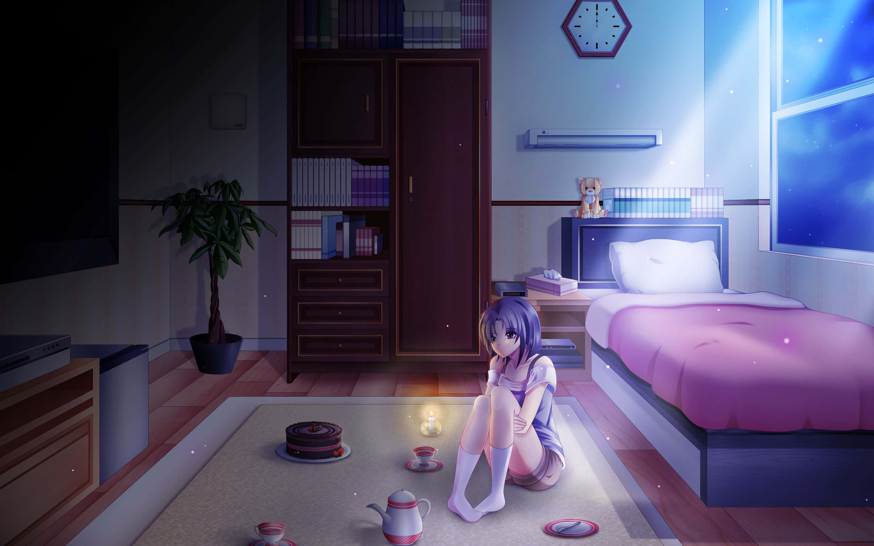 Escápatea Un Mundo De Tranquilidad Con Este Hermoso Papel Tapiz De Dormitorio Anime.