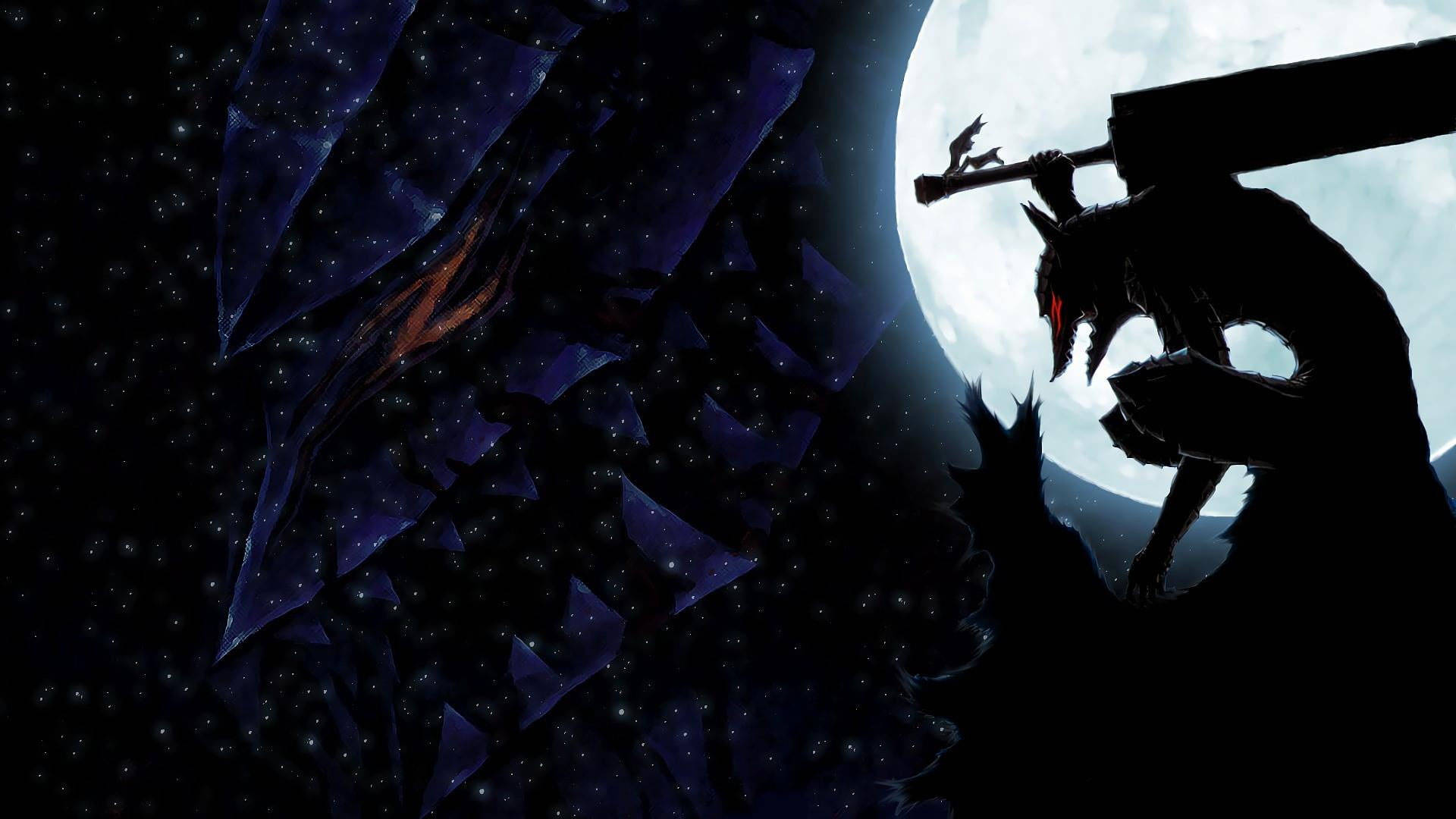 Gutten, hovedpersonen i Anime Berserk, står i baggrunden. Wallpaper