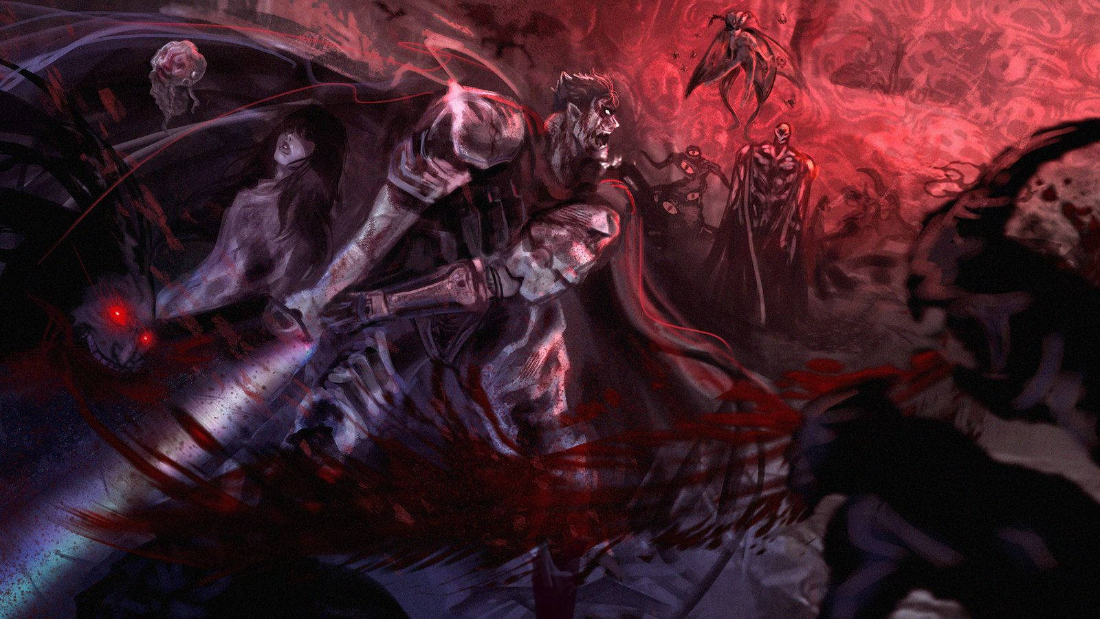 ,on a deep dark background - Unovervindelig Teenage: Guts, den legendariske swordsman fra Anime Berserk, på en dyb mørk baggrund. Wallpaper