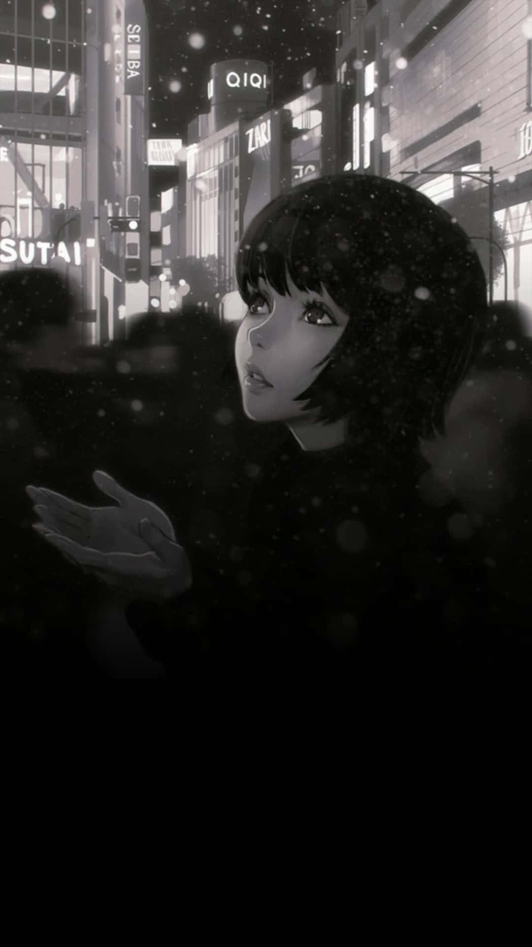 An eerily detailed female anime character in an all-black and white illustration Wallpaper