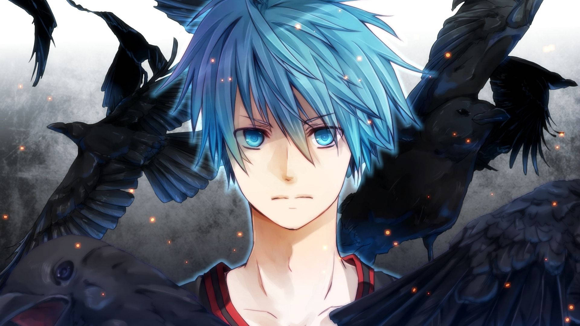 A mystical blue-eyed anime boy stares with a haunting gaze. Wallpaper