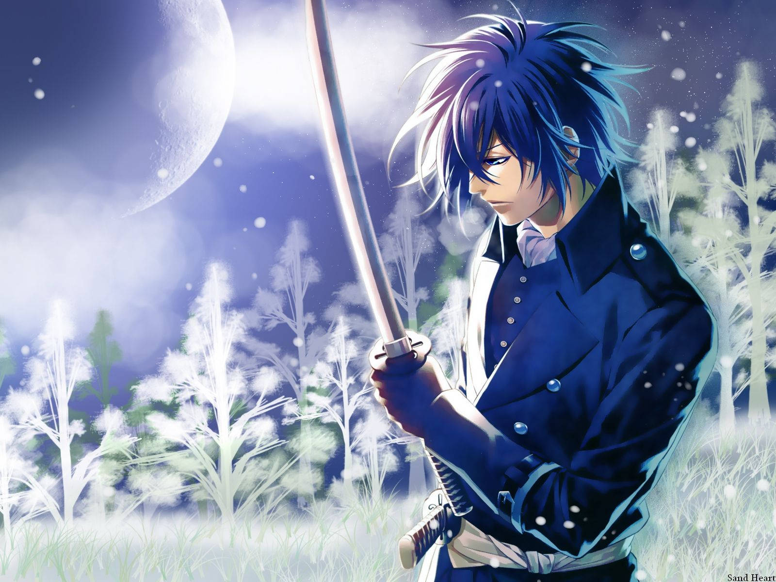 En trist anime blå dreng, der sidder i måneskin. Wallpaper