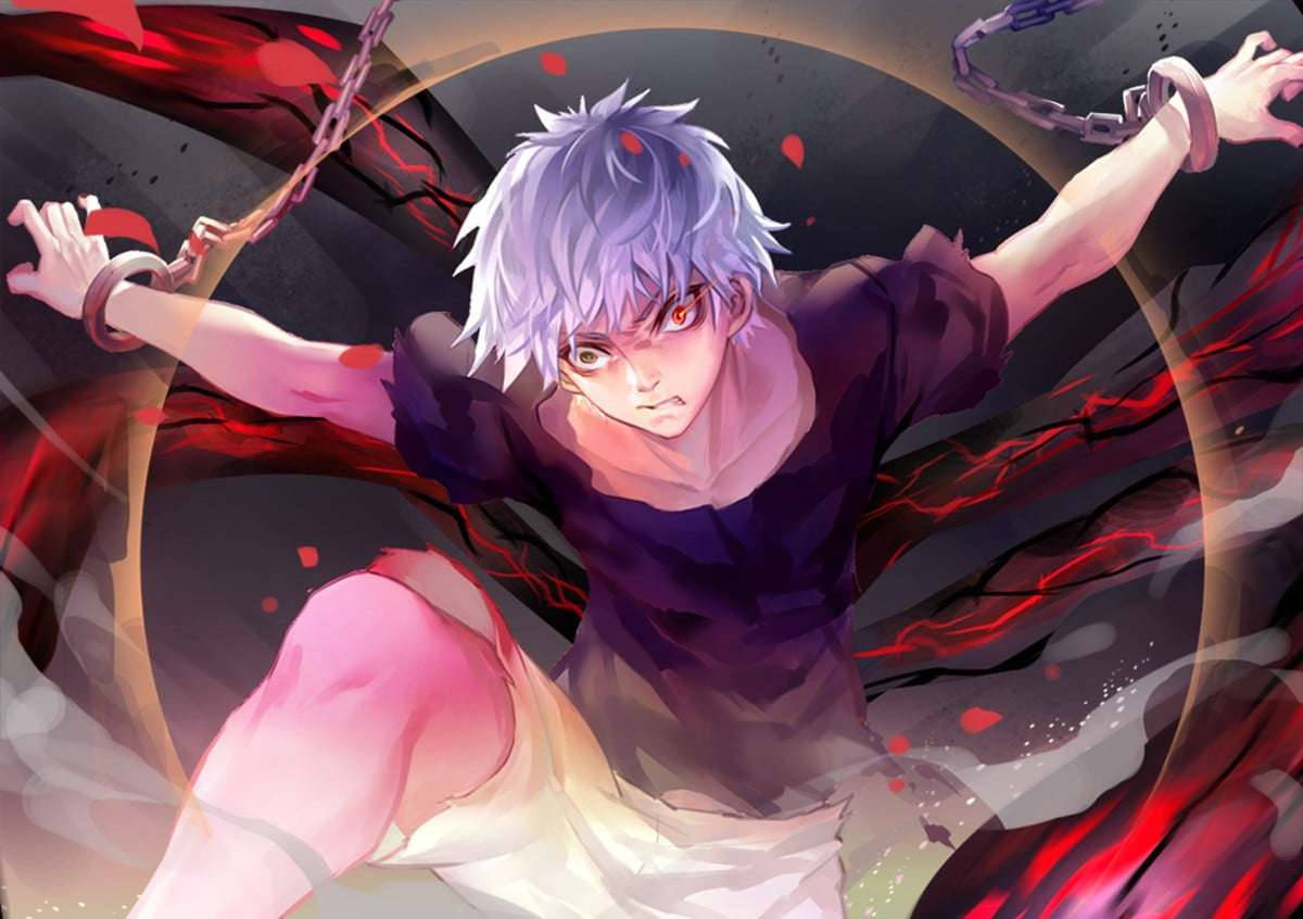En mystisk blåhåret dreng i et klassisk anime-stil. Wallpaper