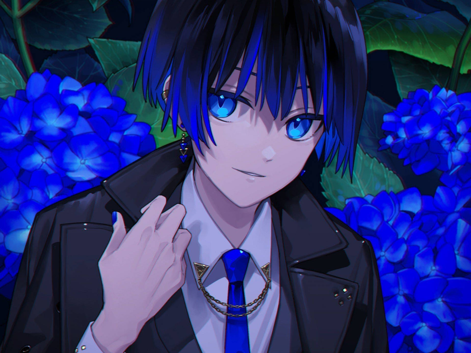 Unpersonaje De Anime Chico Azul En Su Hábitat Natural. Fondo de pantalla
