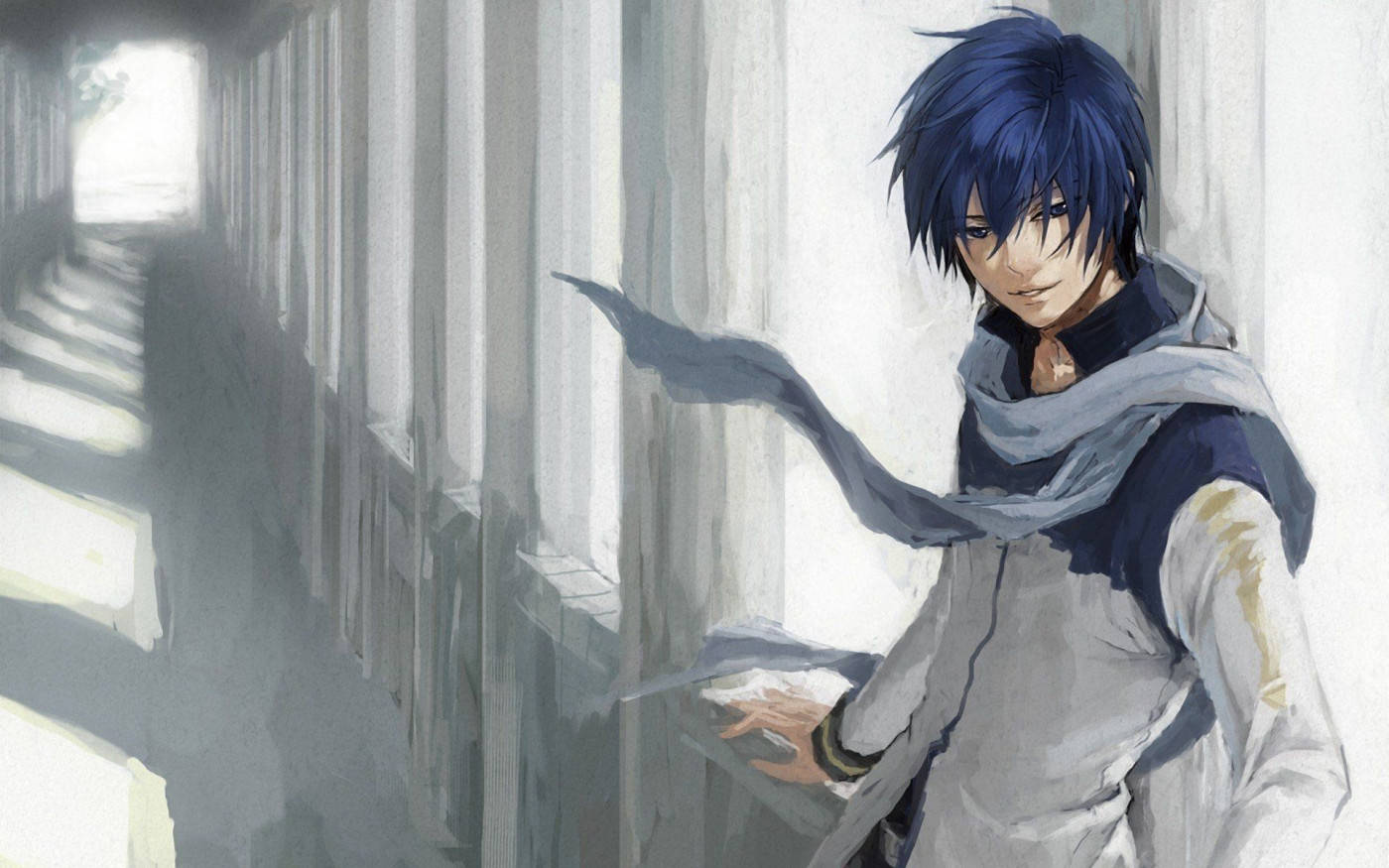 En Anime Blå Dreng Står i Forgrunden Wallpaper