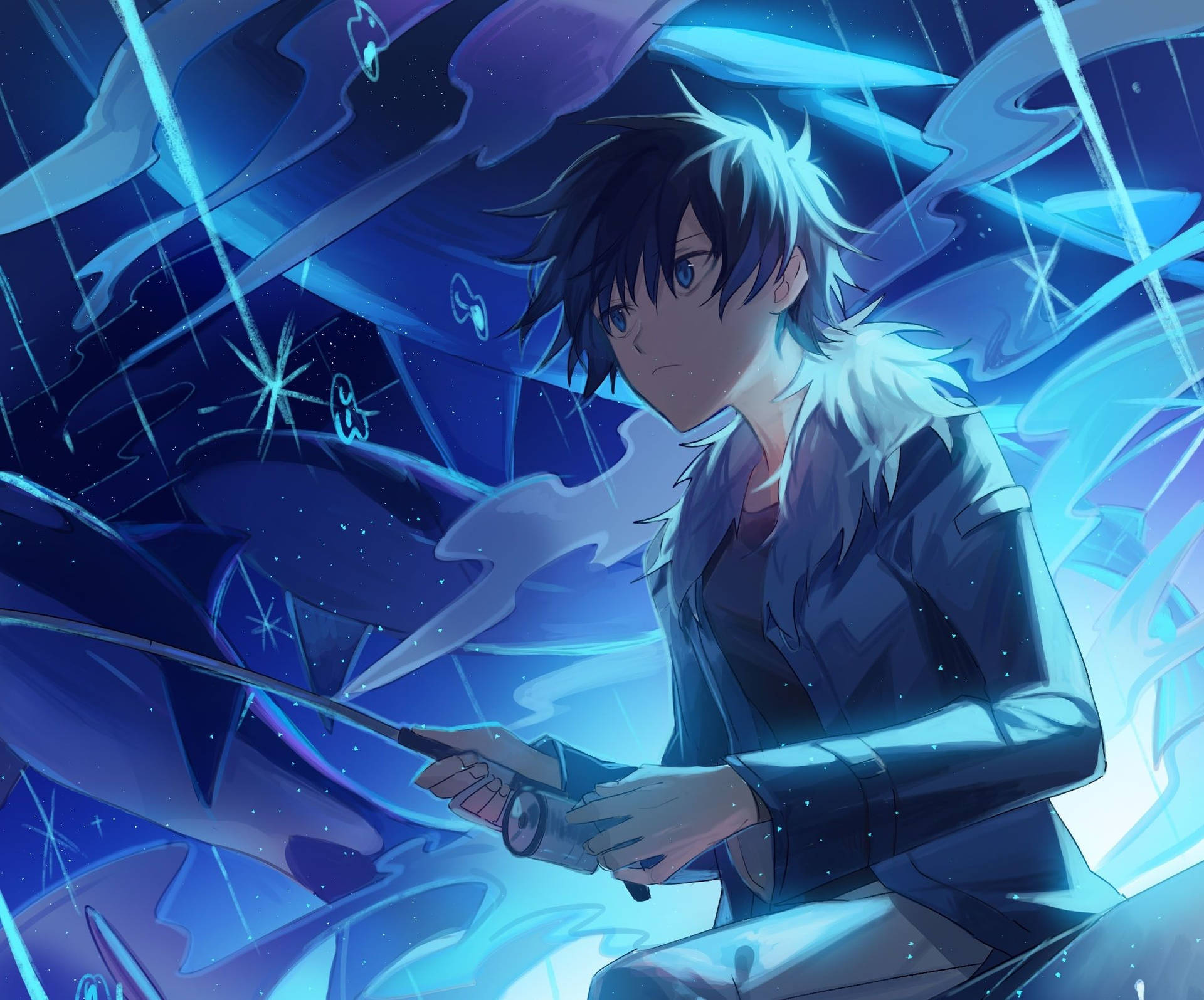 A blue-tinted anime boy against a starry night sky Wallpaper