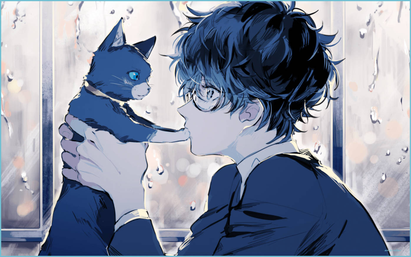 Anime Blue Boy Kissing A Cat Wallpaper