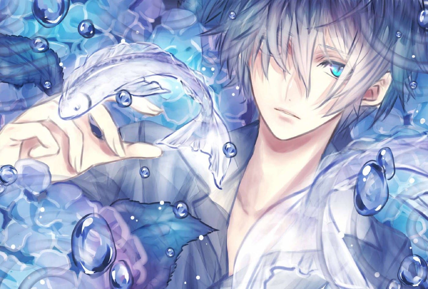 Animeblauer Junge Im Wasser Wallpaper